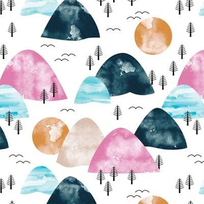 Watercolors mountain Range and winter trees minimal sun sky and birds pink blue navy white