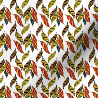 Colorful Falling Feathers in Red Orange Green Yellow Tan Blue Black on White