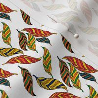 Colorful Falling Feathers in Red Orange Green Yellow Tan Blue Black on White