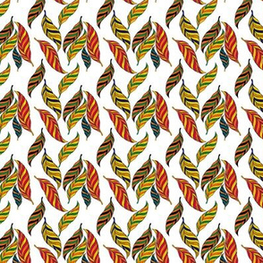 Colorful Falling Feathers in Red Orange Green Yellow Tan Blue Black on White