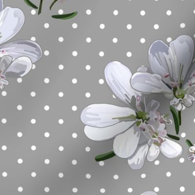 Coriander Flowers | Warm Med Gray + Wt Polka Dots 