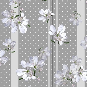 Coriander Flowers | Med Warm Gray + Wt Dots + Stripes