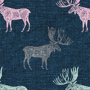 Moose in Mint, Pink and Grey on a textured blue background