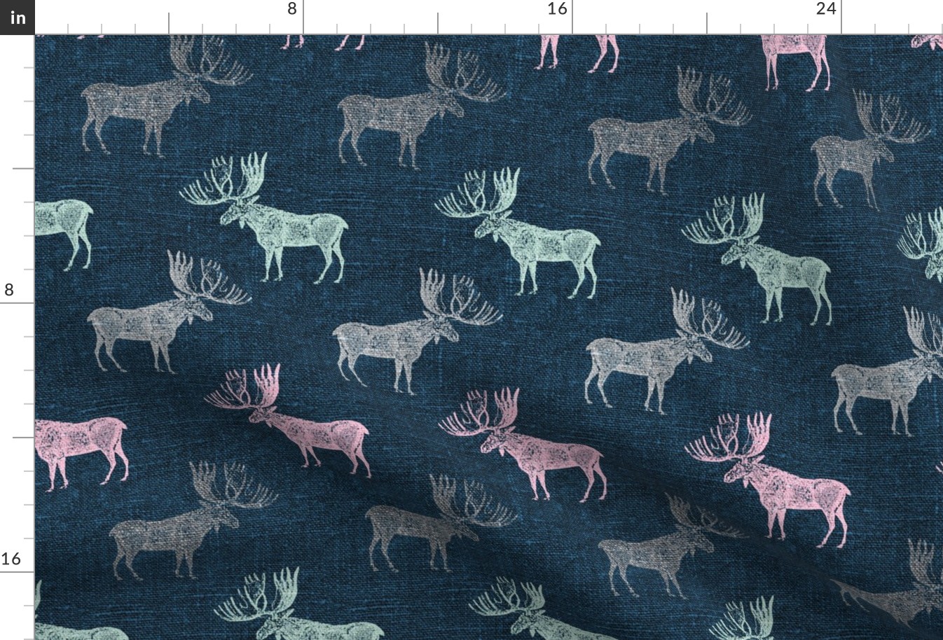 Moose in Mint, Pink and Grey on a textured blue background