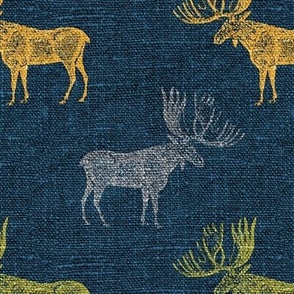 Moose in Grey, Lime and Mustard on a textured blue background