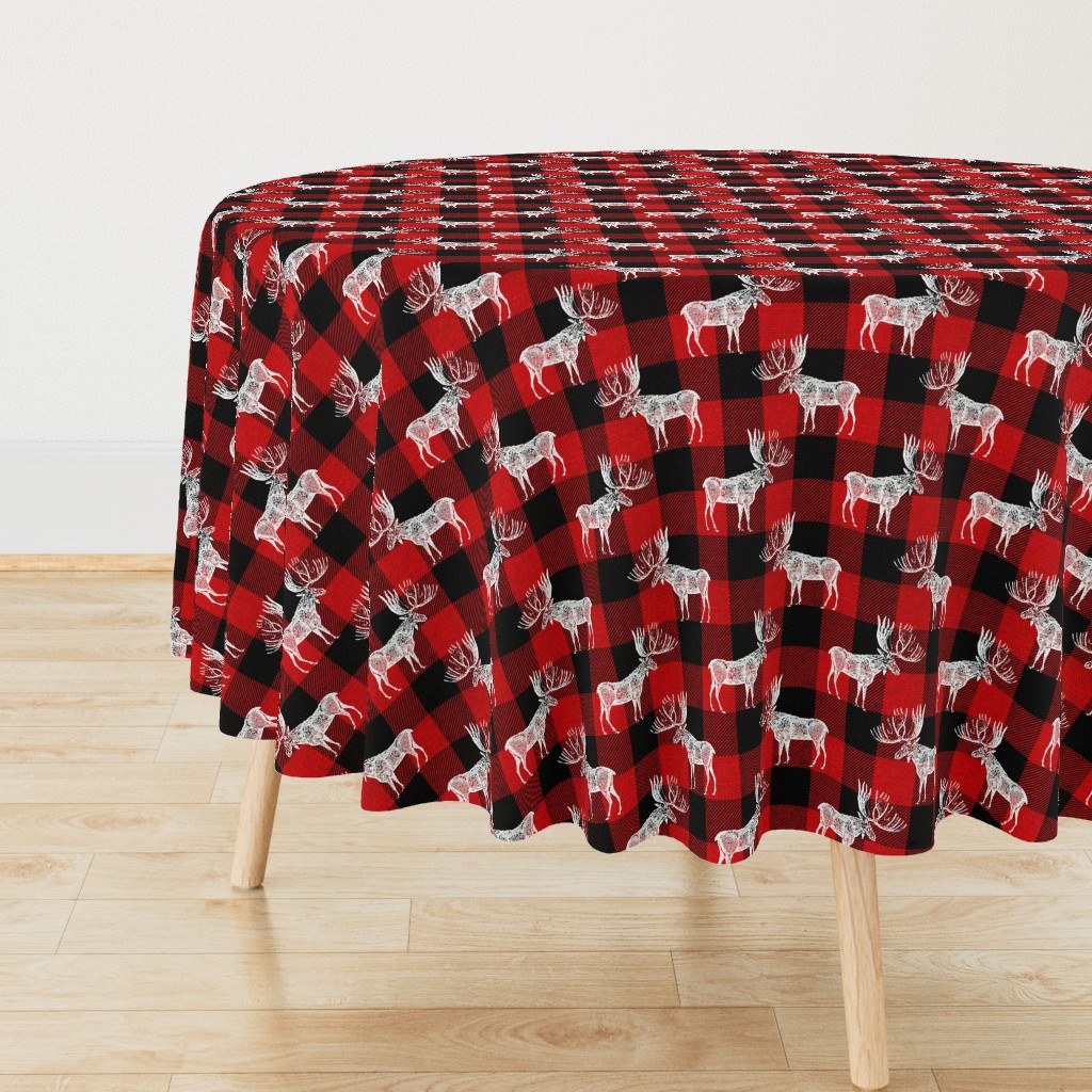 Moose in White on a Red Buffalo Plaid textured Background