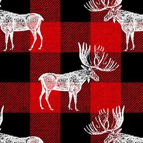 Moose in White on a Red Buffalo Plaid textured Background