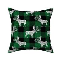 Moose in White on a Green Buffalo Plaid textured Background