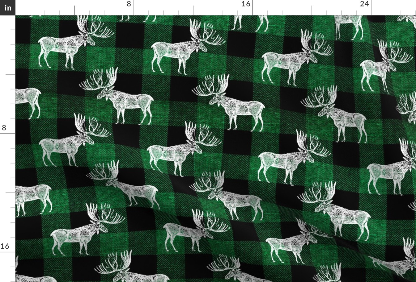 Moose in White on a Green Buffalo Plaid textured Background