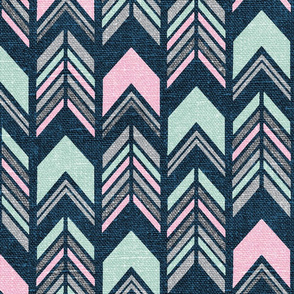 Chevron Arrows in Mint, Pink and grey on textured blue