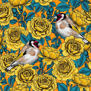 Yellow rose flowers and goldfinch birds