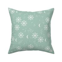 Magic snowflake winter sky stars and moon night boho christmas theme mint white