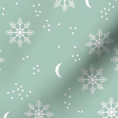 Magic snowflake winter sky stars and moon night boho christmas theme mint white