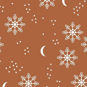 Magic snowflake winter sky stars and moon night boho christmas theme gender neutral rust brown