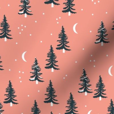 Christmas forest pine trees and snowflakes winter night new magic moon boho apricot green