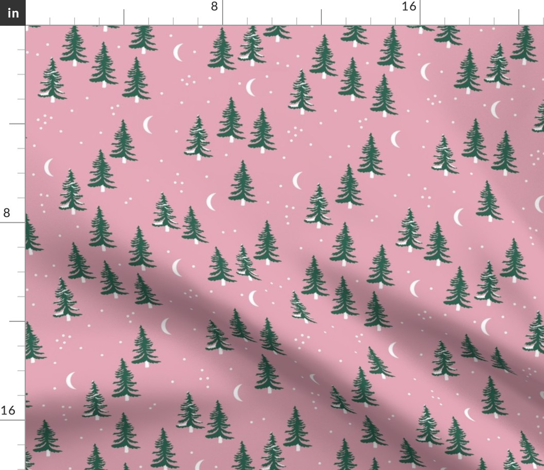 Christmas forest pine trees and snowflakes winter night new magic moon boho pink green girls