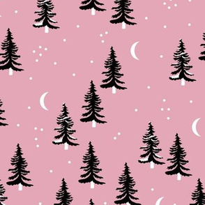 Christmas forest pine trees and snowflakes winter night new magic moon boho pink black