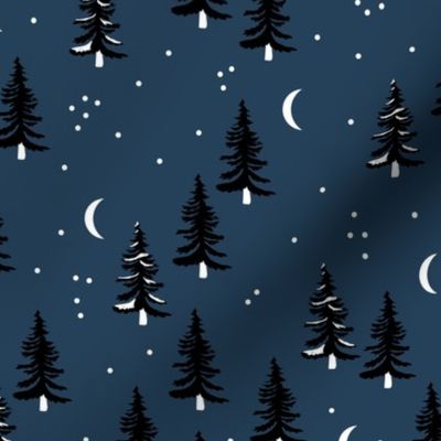 Christmas forest pine trees and snowflakes winter night new magic moon boho navy blue black