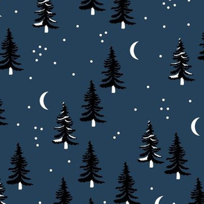 Christmas forest pine trees and snowflakes winter night new magic moon boho navy blue black