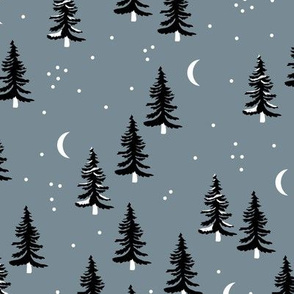 Christmas forest pine trees and snowflakes winter night new magic moon boho cool gray