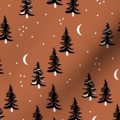 Christmas forest pine trees and snowflakes winter night new magic moon boho rust copper brown