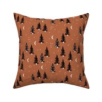 Christmas forest pine trees and snowflakes winter night new magic moon boho rust copper brown