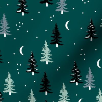 Christmas forest pine trees and snowflakes winter night new magic moon boho green mint black