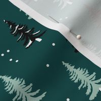 Christmas forest pine trees and snowflakes winter night new magic moon boho green mint black