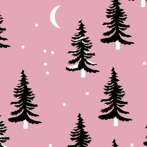Christmas forest pine trees and snowflakes winter night new magic moon boho pink black JUMBO