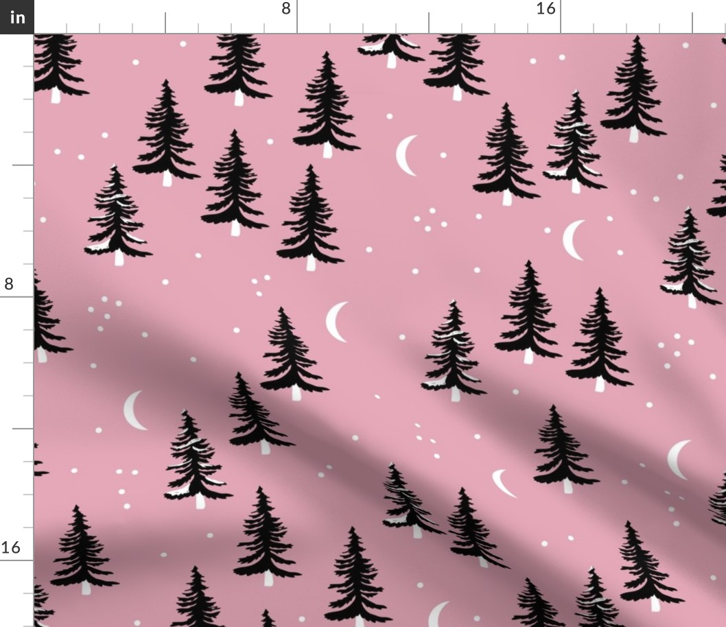 Christmas forest pine trees and snowflakes winter night new magic moon boho pink black JUMBO