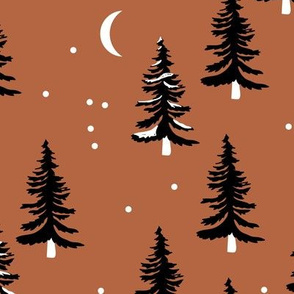 Christmas forest pine trees and snowflakes winter night new magic moon boho rust copper brown JUMBO