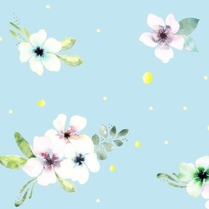 White watercolor flowers with lskyblue from Anines Atelier.  Use the design for bedroom walls and interior