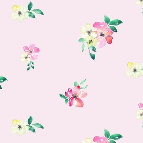 (l) Pink loose watercolor flowers with pastel pink big scale Anines Atelier. Use the design for a girls room decor