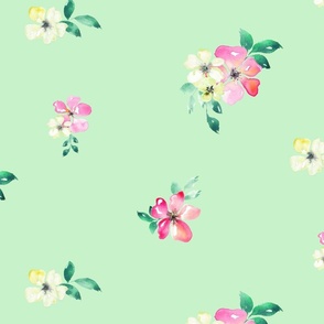 (L) Loose watercolor pink flowers with apple green big scale from Anines Atelier.  Use the design for girls room decor.
