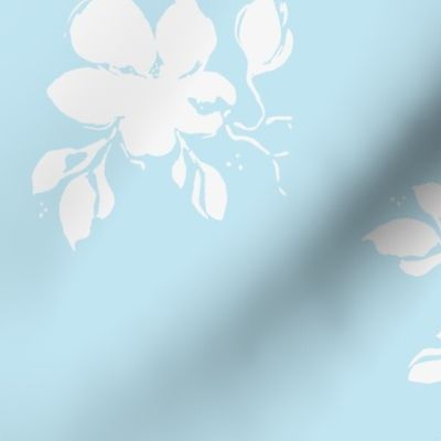 Whimsical white flowers with baby blue. Use the design for lingerie or  bathroom walls.