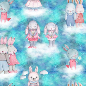 rabbits on clouds turquoise aqua blue FLWRT