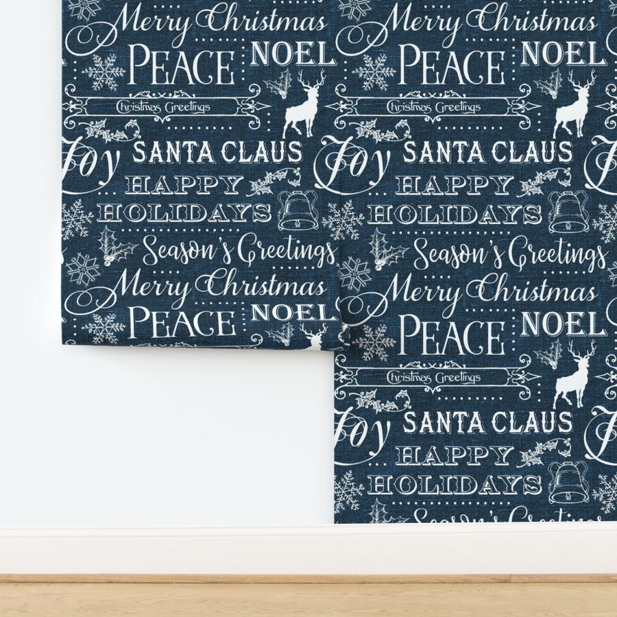 Christmas Typography on textured Blue Linen - large scale