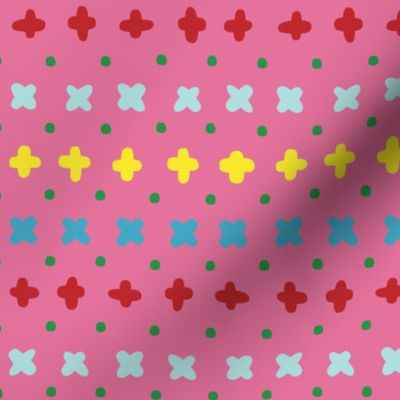 Vector colorful crosses stitches aligned on pink background, seamless pattern