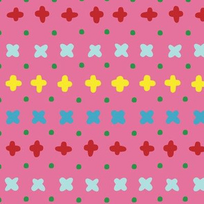 Vector colorful crosses stitches aligned on pink background, seamless pattern