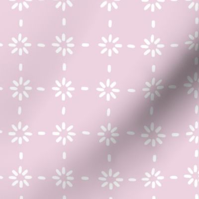 White vector flowers stitches aligned on pink background, seamless pattern