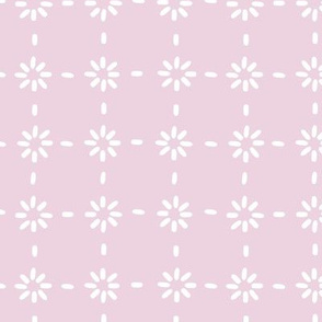 White vector flowers stitches aligned on pink background, seamless pattern