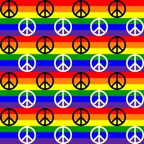 One Inch Black and White Peace Signs on Horizontal Rainbow Stripes