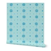 Christmas snowflake vector with simple modern blue stitches on light blue background, seamless pattern