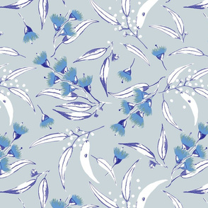 Gum Blossoms - White Leaves and Sky Blue Blossoms on Silver Background