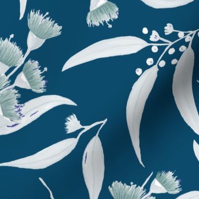 Gum Blossoms - Silver Leaves and Green Blossoms on a Teal background