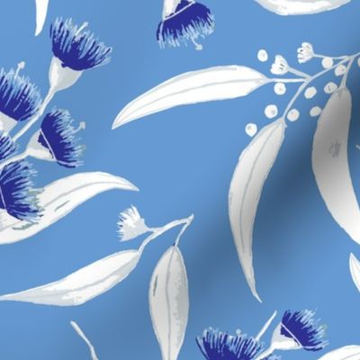 Gum Blossoms - Silver Leaves and Blue Blossoms on a  Sky Blue background