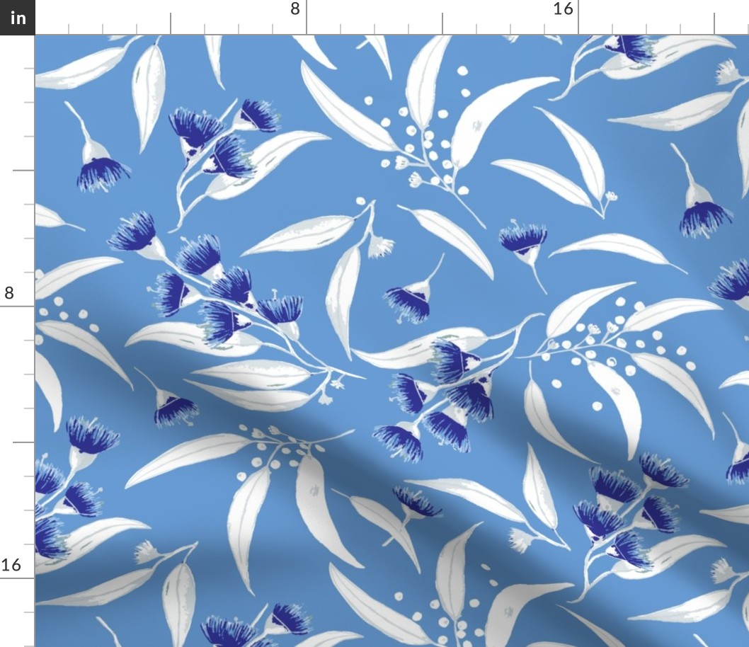 Gum Blossoms - Silver Leaves and Blue Blossoms on a  Sky Blue background