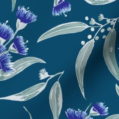 Gum Blossoms - Green Leaves and Blue Blossoms on a Teal background