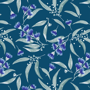 Gum Blossoms - Green Leaves and Blue Blossoms on a Teal background