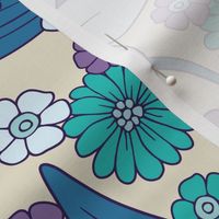 Purple, Teal & Blue 1970s Inspired Retro Floral Pattern